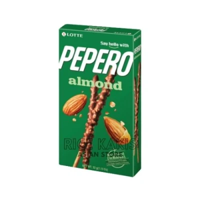 Lotte Pepero almond sticks, 39g pack, crispy chocolate sticks covered with almond pieces.